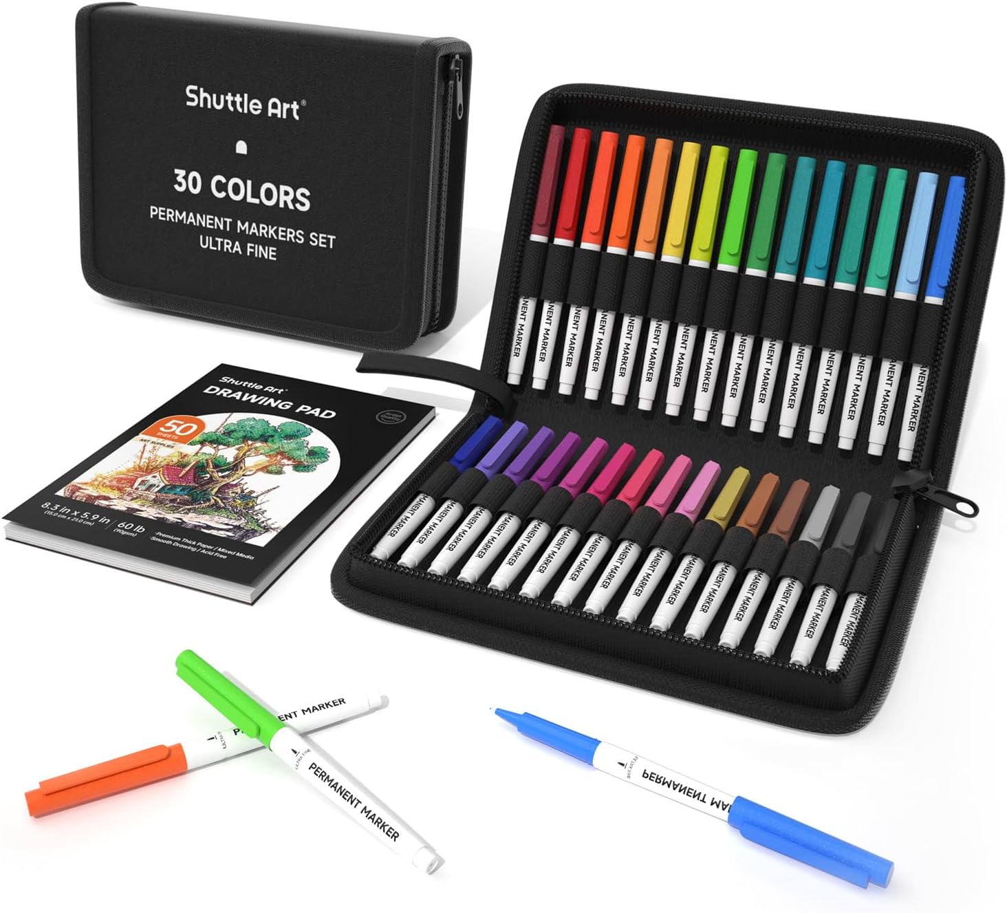 Shuttle Art Permanent Markers, 30 Assorted Colors Ultra Fine Point Permanent Marker Packed in Travel Case, Ideal Colored Markers Set for Adults Coloring Doodling on Plastic, Glass, Gift for Teens