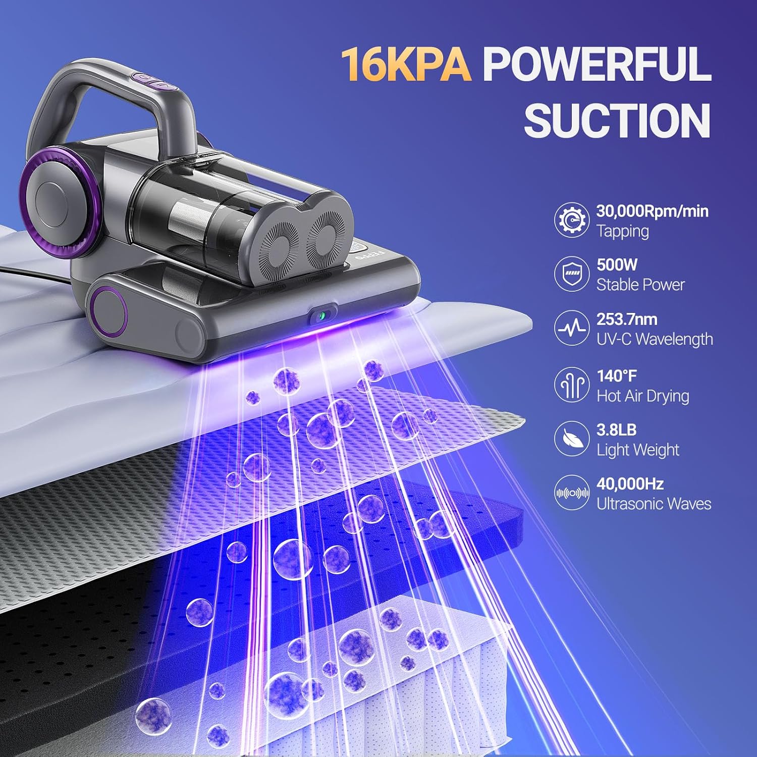 FEPPO Mattress Vacuum Cleaner, 16Kpa Bed Vacuum Cleaner with 253.7nm UV-C Light, 140°F Heat, HEPA Filter & Ultrasonic, Versatile Handheld Vacuums for Bed, Sofa, Couch, Crib(Corded, 500W) - view 2