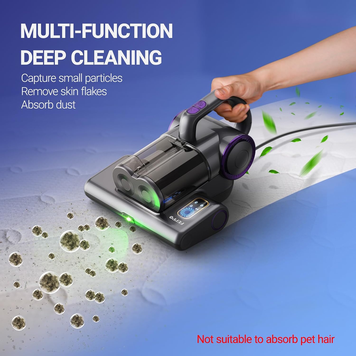 FEPPO Mattress Vacuum Cleaner, 16Kpa Bed Vacuum Cleaner with 253.7nm UV-C Light, 140°F Heat, HEPA Filter & Ultrasonic, Versatile Handheld Vacuums for Bed, Sofa, Couch, Crib(Corded, 500W) - view 6